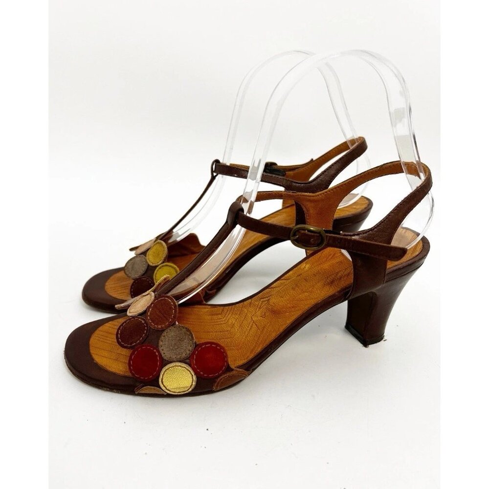 Chie Mihara Brown Leather T-Strap Heels with Red Yellow and Tan Accents